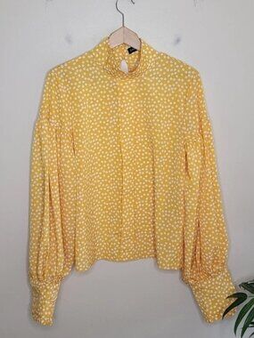 Celmia Collection Yellow White Flower Print Statement Sleeve Blouse Size Medium
